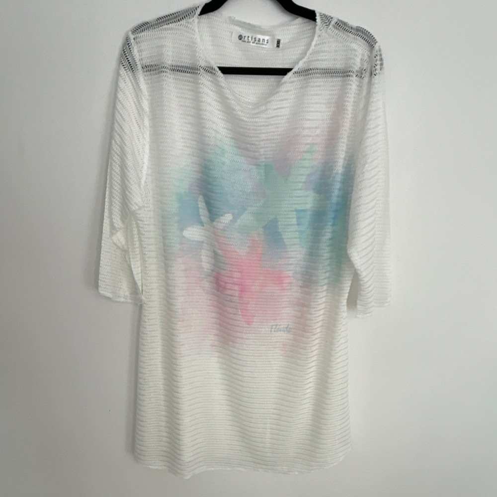 Artisans Women's Sheer Mesh Floral Blouse XXL  3/4 Sleeve Beach Cover Up‎ white